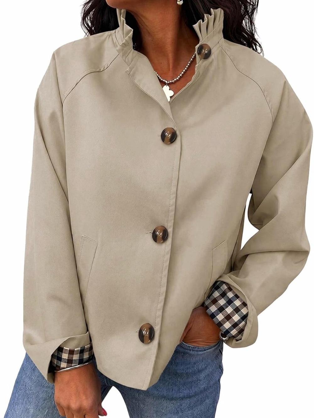 Light Beige Ruffle-Collar Trench Coat